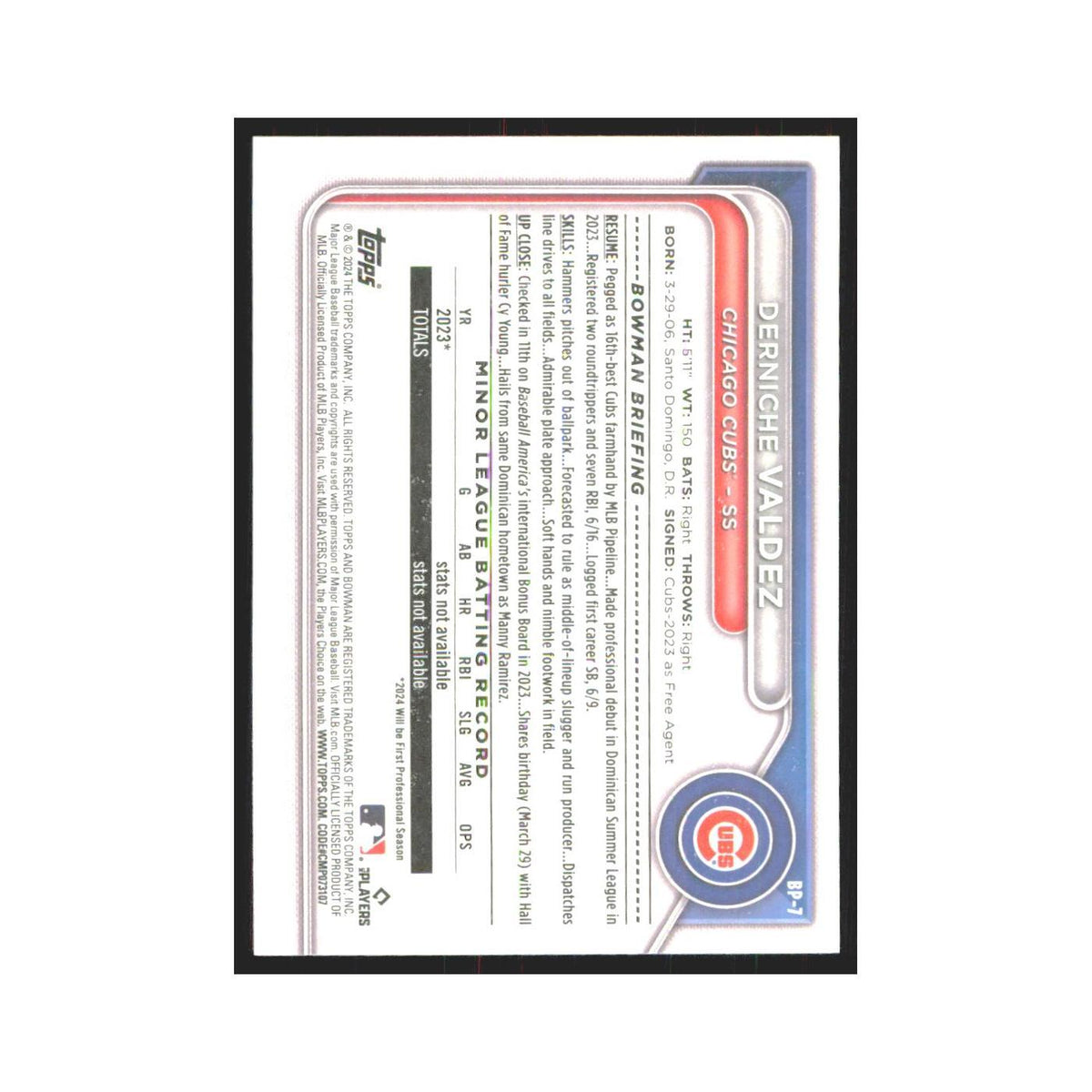 2024 Bowman Prospects Derniche Valdez Cubs #BP-7