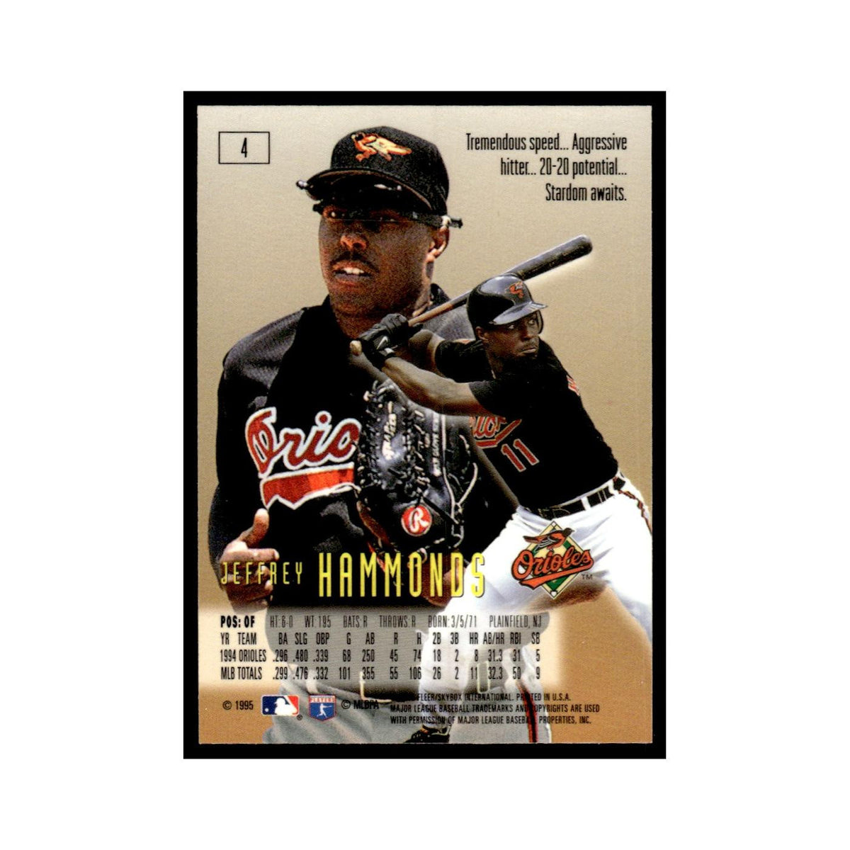 Jeffrey Hammonds 1995 SkyBox E-Motion #4 Baltimore Orioles Baseball Card NM