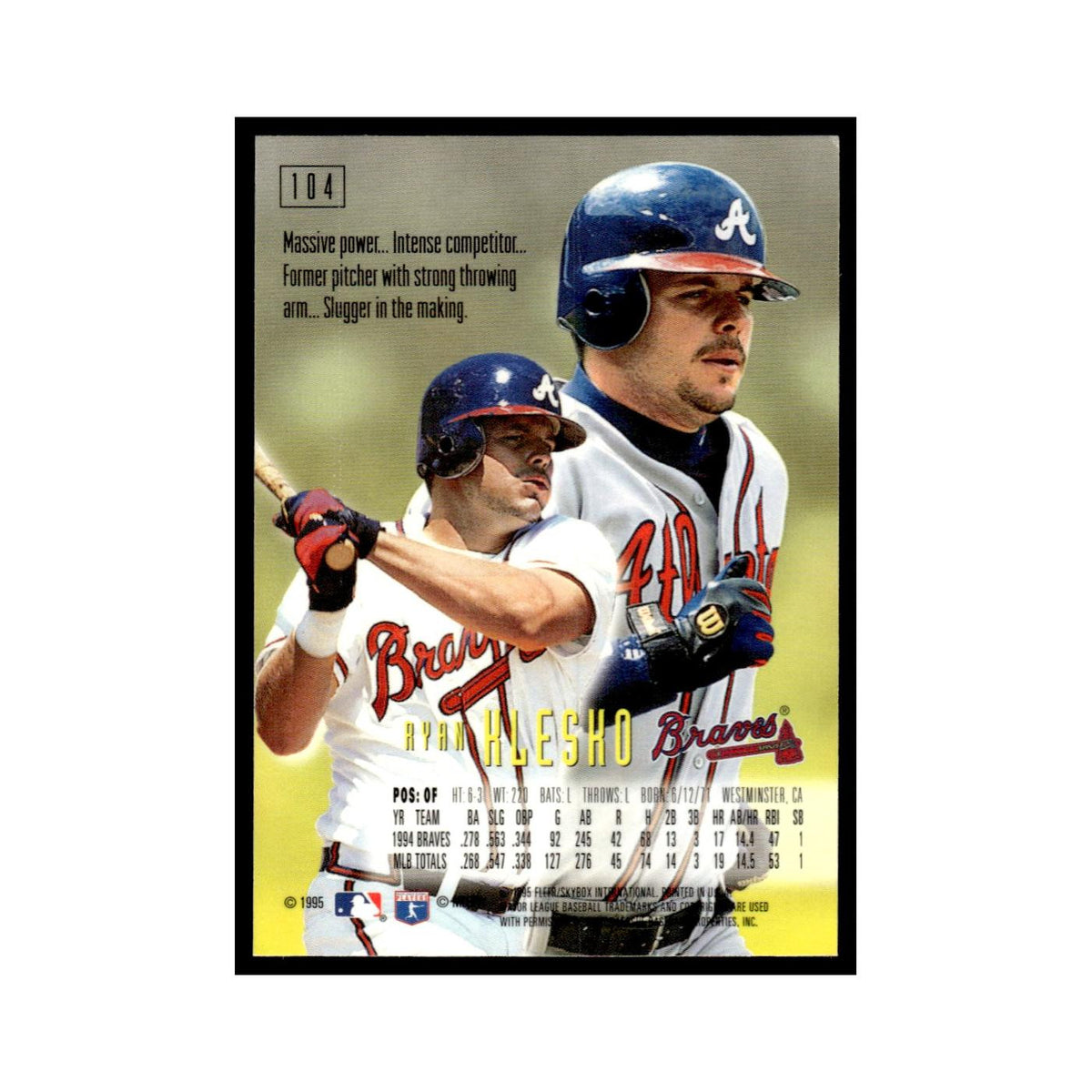 Ryan Klesko 1995 SkyBox E-Motion #104 Atlanta Braves Baseball Card NM
