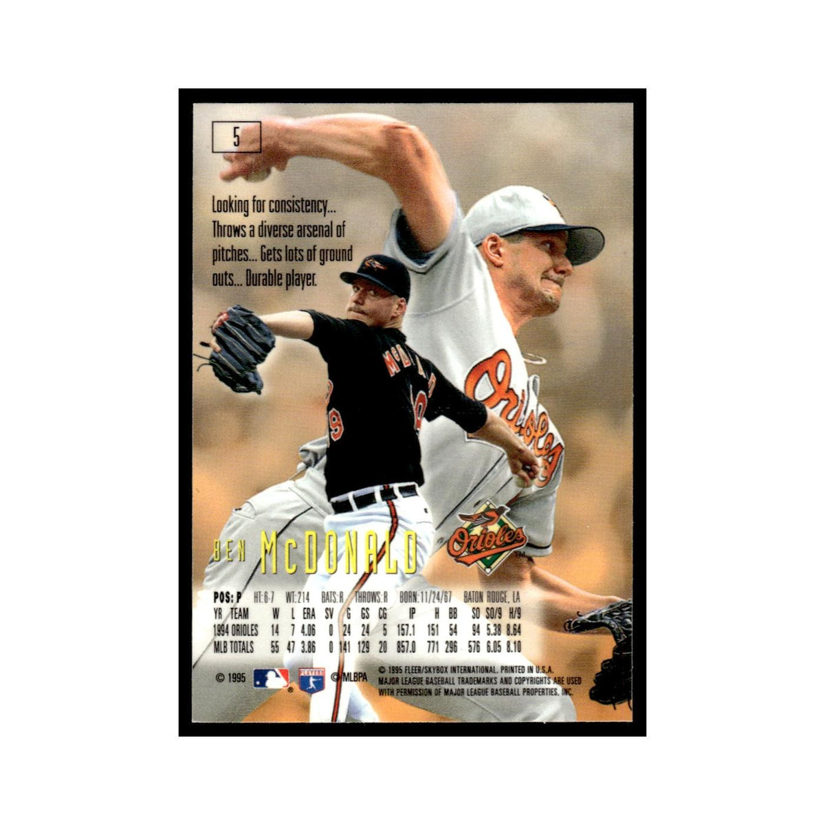 Ben McDonald 1995 SkyBox E-Motion #5 Baltimore Orioles Baseball Card NM