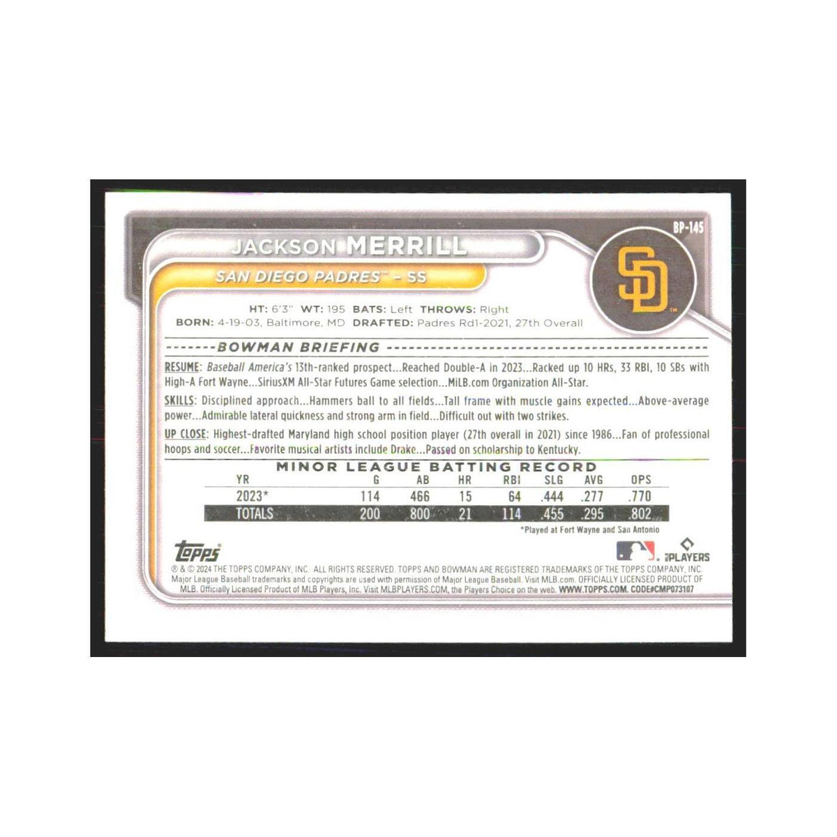 2024 Bowman Prospects Jackson Merrill Padres #BP-145