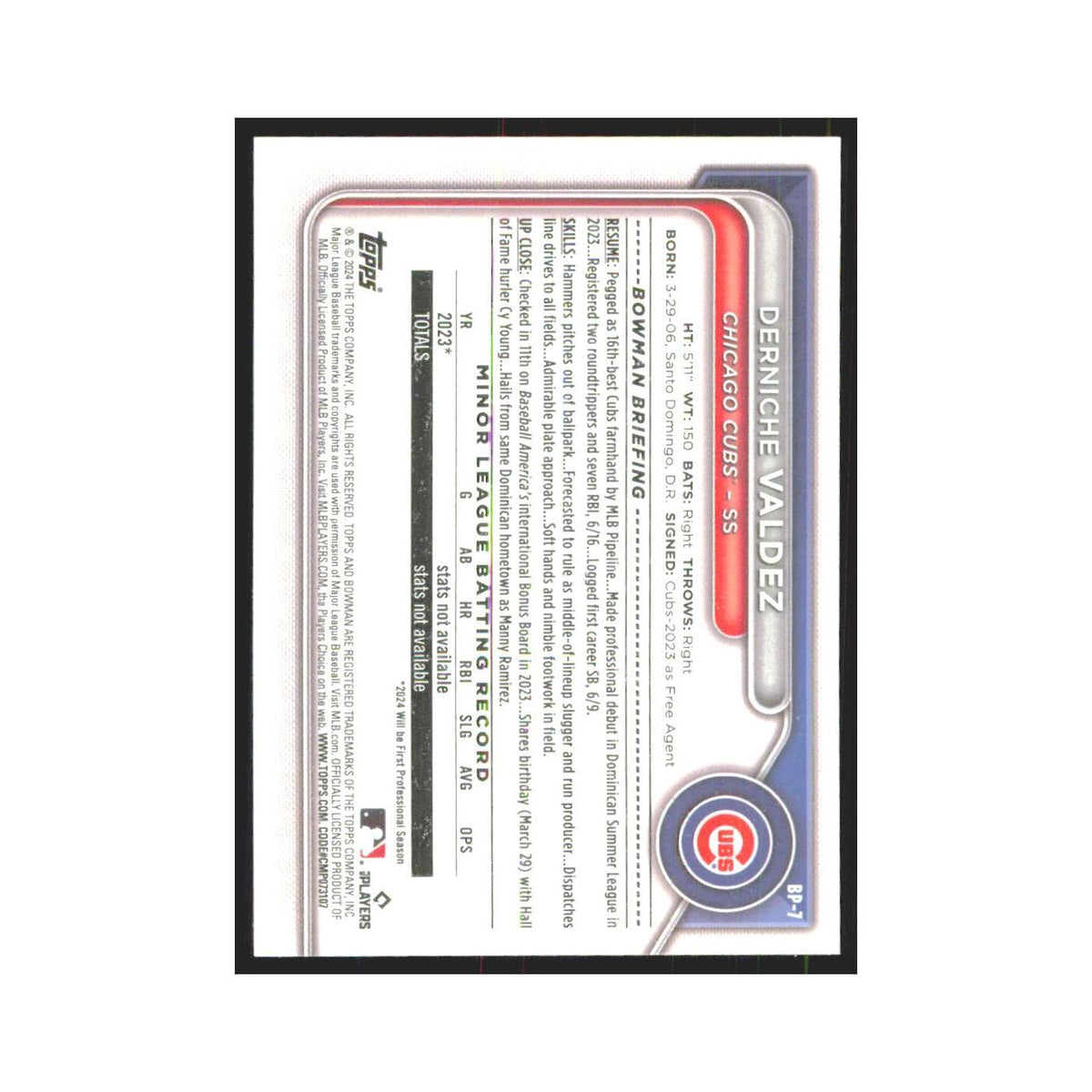 2024 Bowman Prospects Derniche Valdez Cubs #BP-7