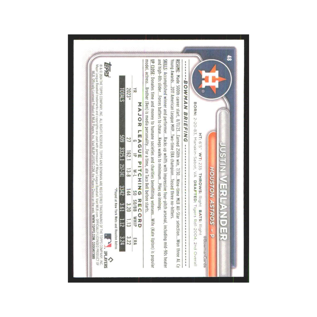 2024 Bowman Justin Verlander Astros #48
