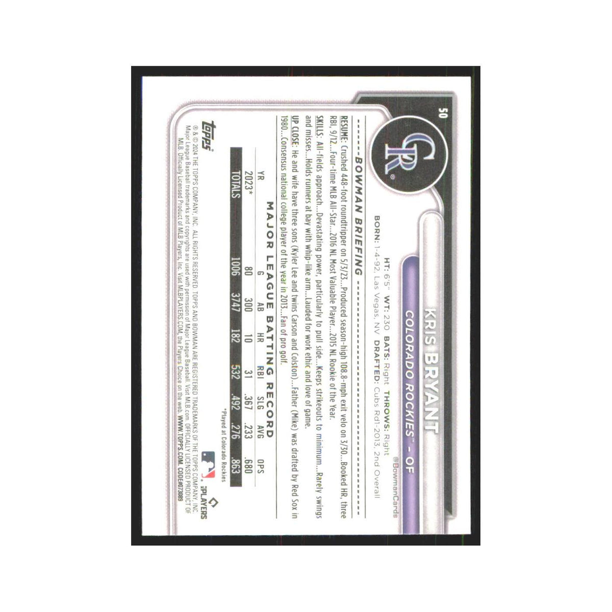 2024 Bowman Kris Bryant Rockies #50