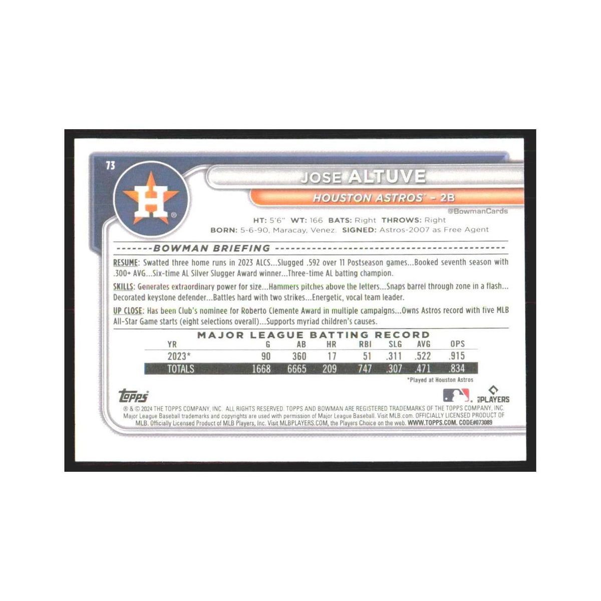 2024 Bowman Jose Altuve Astros #73