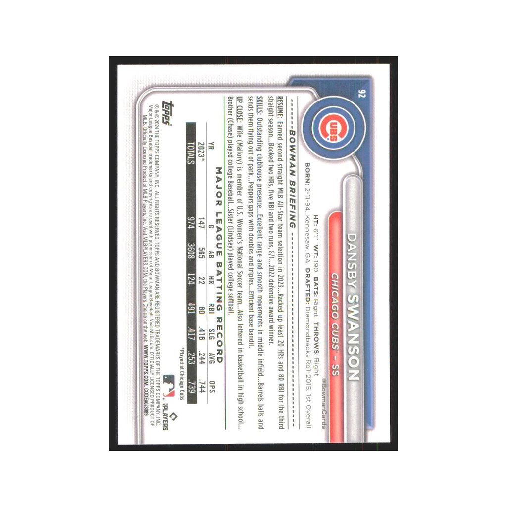 2024 Bowman Dansby Swanson Cubs #92