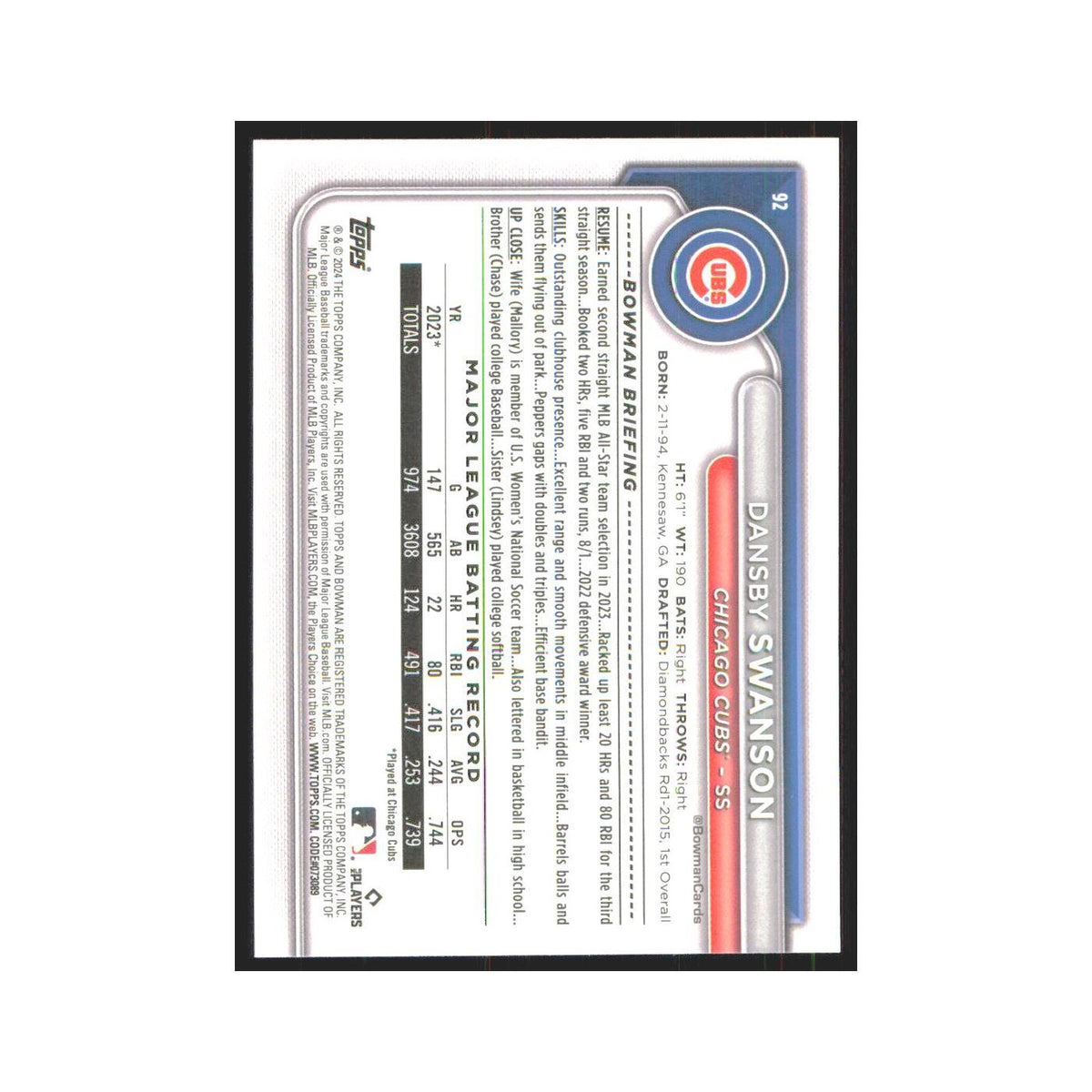 2024 Bowman Dansby Swanson Cubs #92