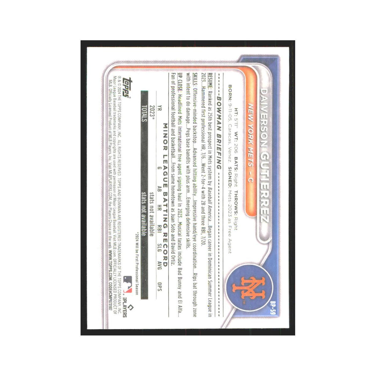 2024 Bowman Prospects Daiverson Gutierrez Mets #BP-59