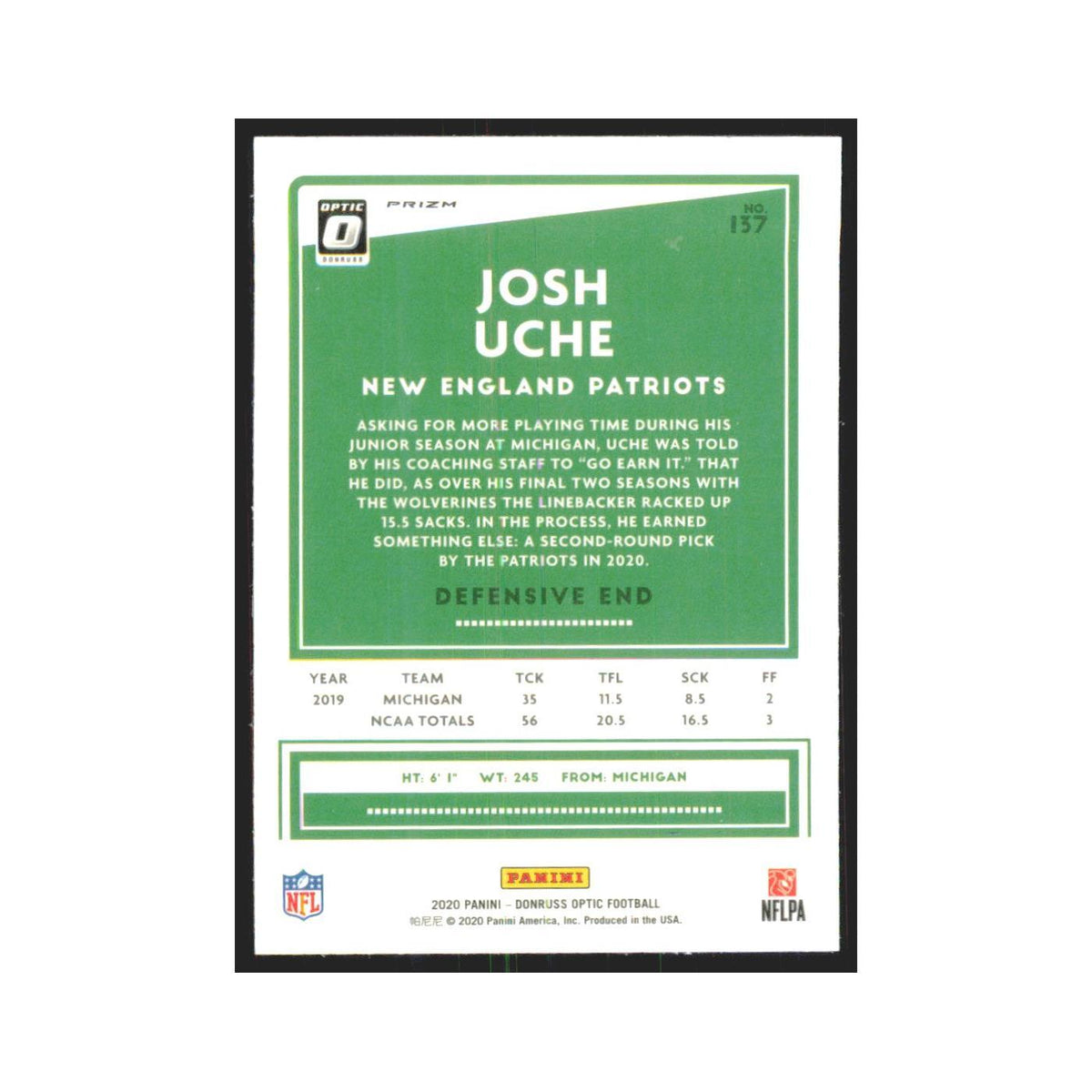 2020 Donruss Optic Blue Scope Josh Uche RC Patriots #137