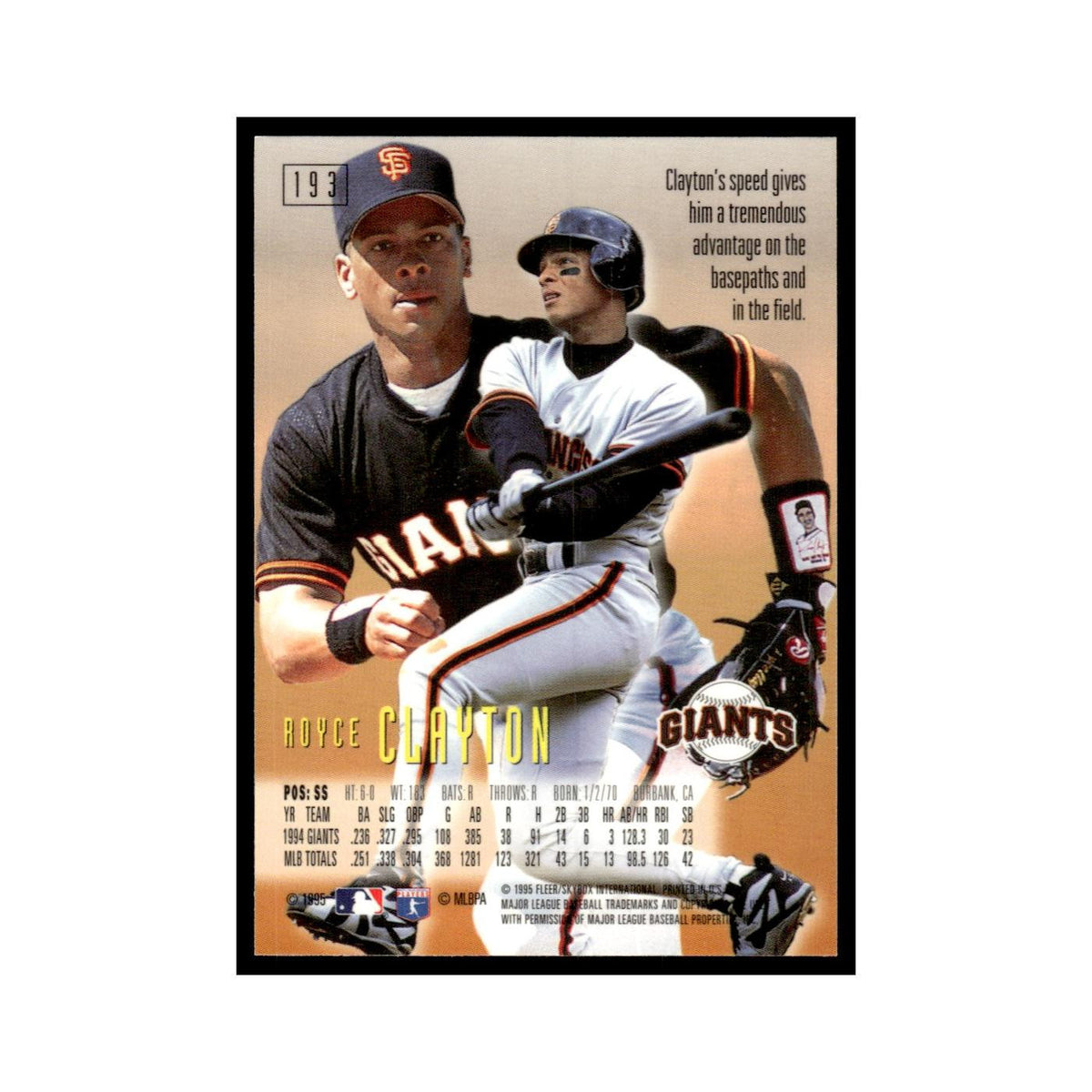 Royce Clayton 1995 SkyBox E-Motion #193 San Francisco Giants Baseball Card NM