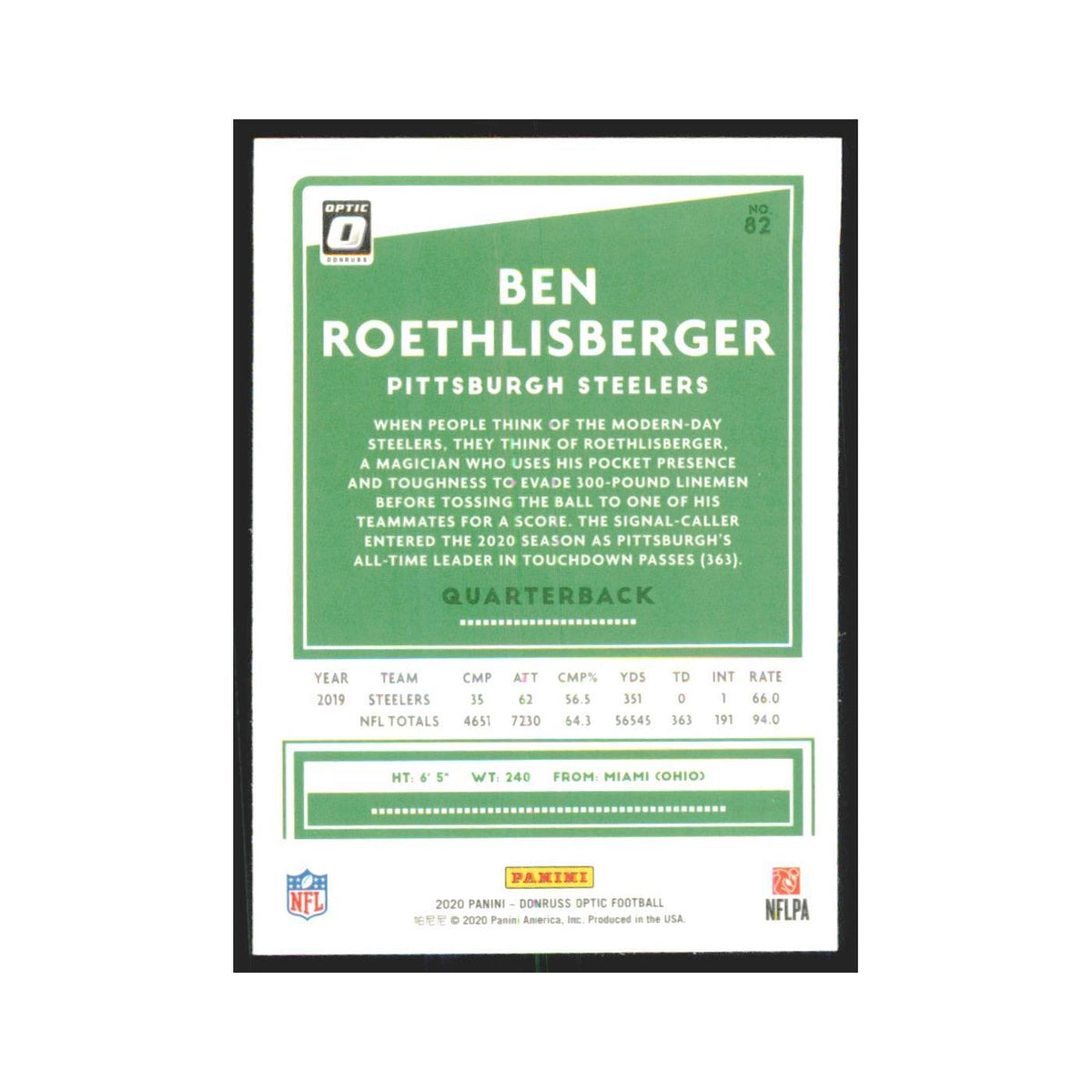 2020 Donruss Optic Ben Roethlisberger Steelers #82