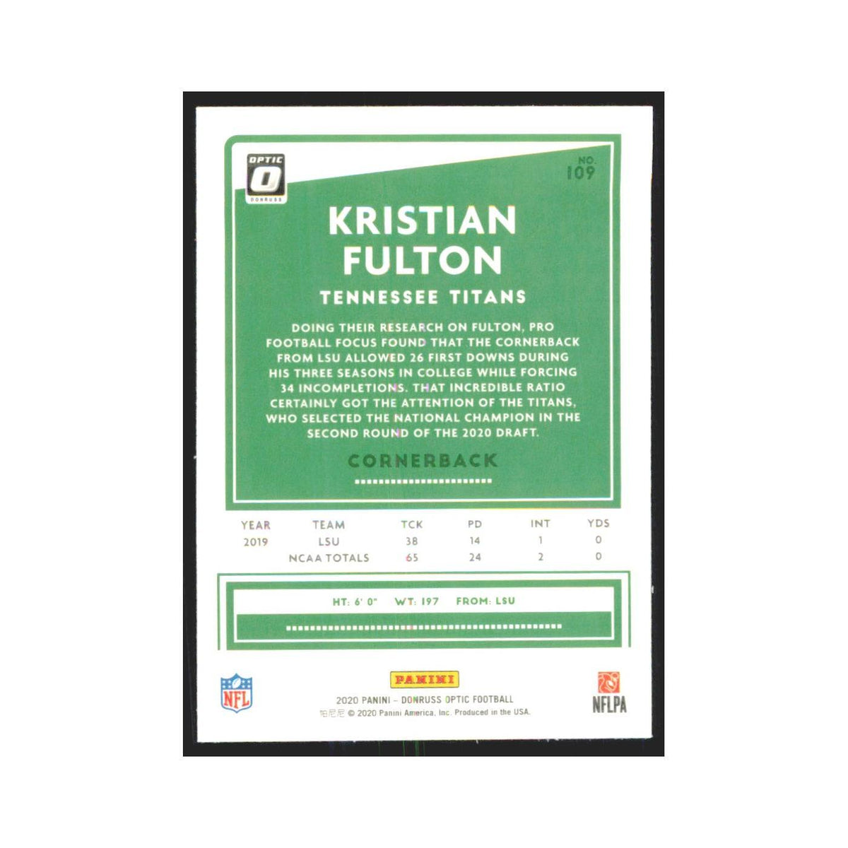 2020 Donruss Optic Kristian Fulton RC Titans #109