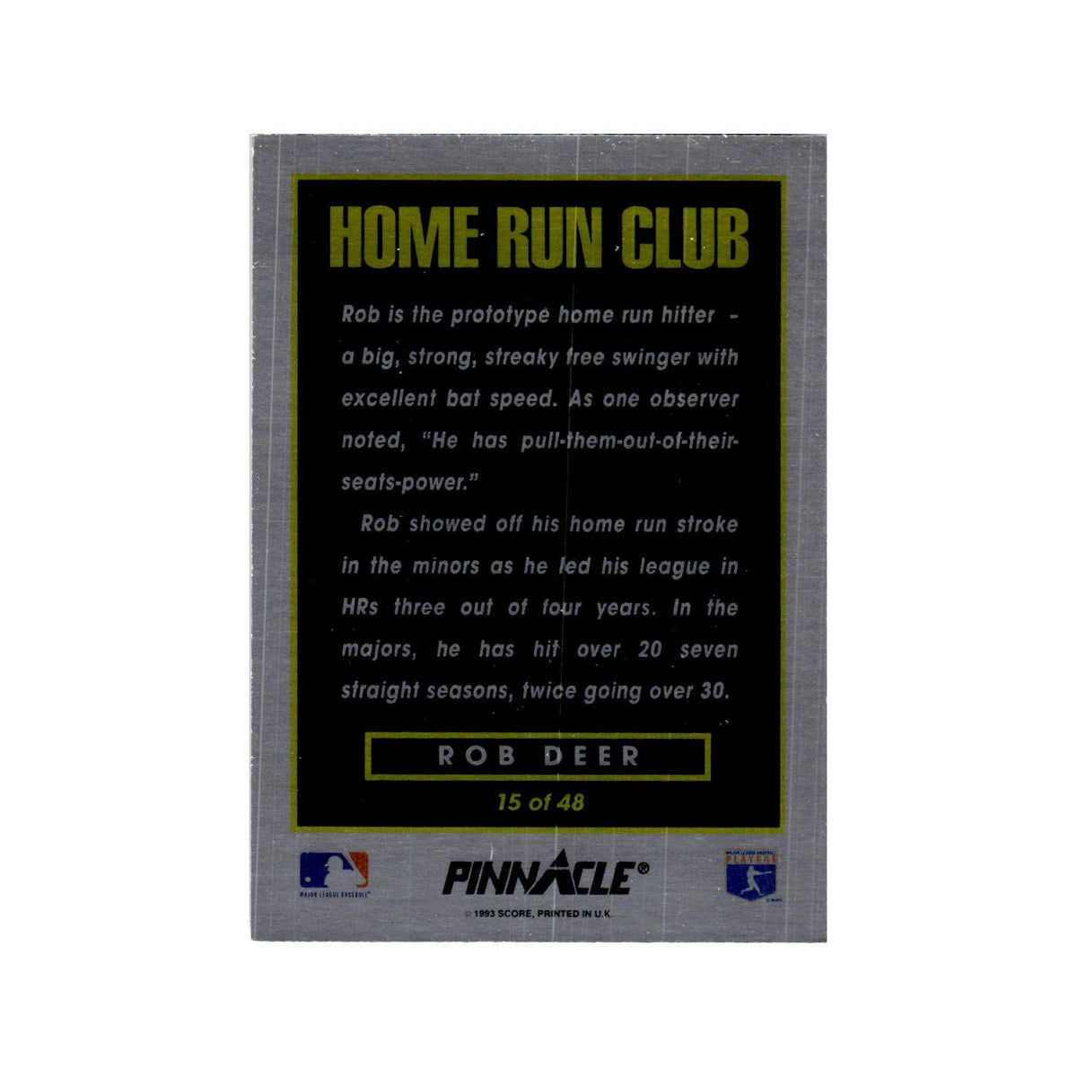 Rob Deer 1993 Pinnacle Home Run Club #15 Detroit Tigers Baseball Card NM