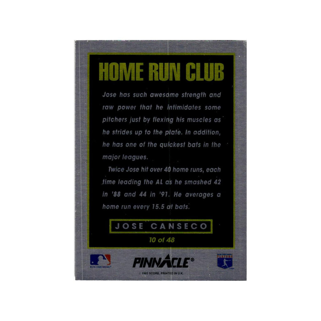 Jose Canseco 1993 Pinnacle Home Run Club #10 Texas Rangers Baseball Card NM
