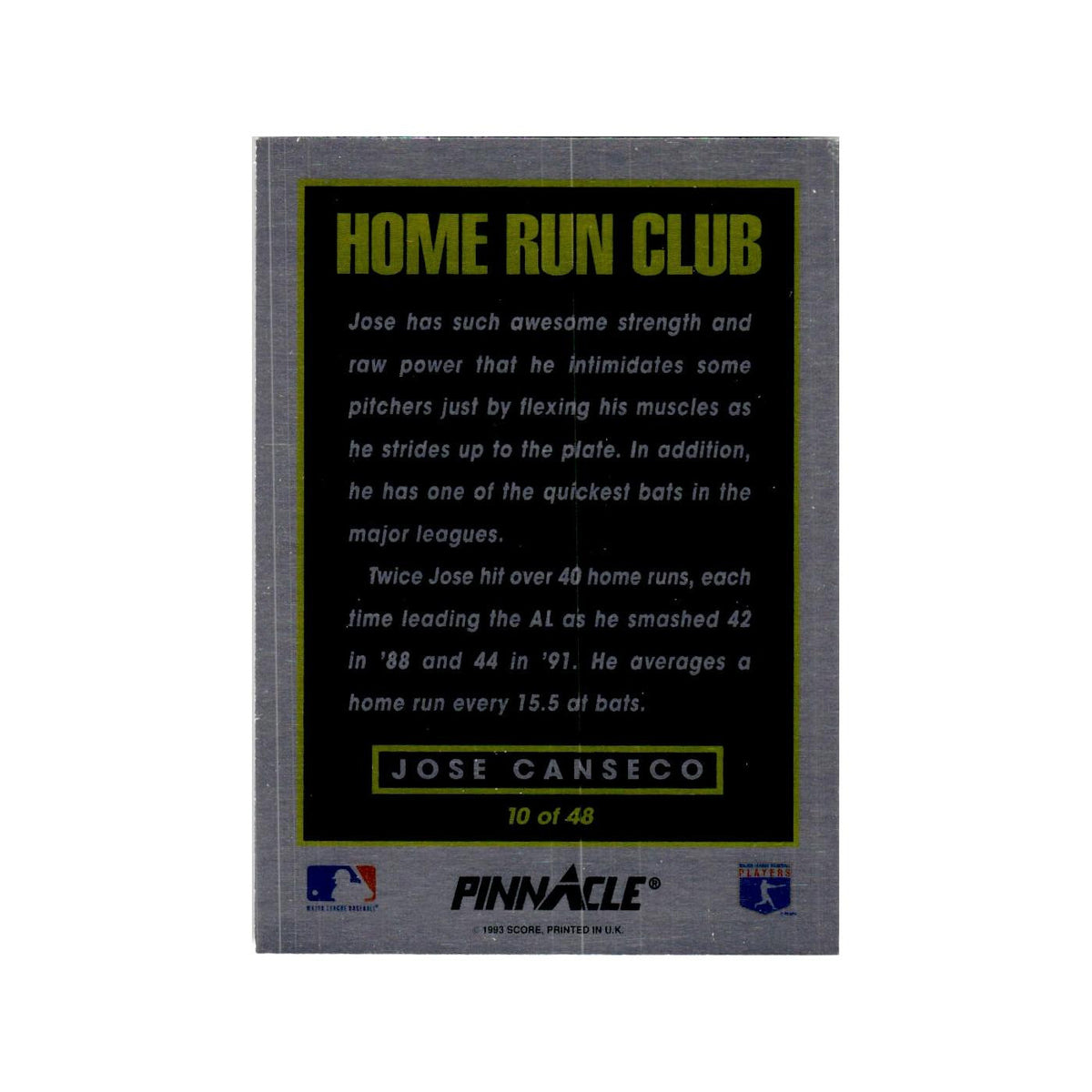 Jose Canseco 1993 Pinnacle Home Run Club #10 Texas Rangers Baseball Card NM
