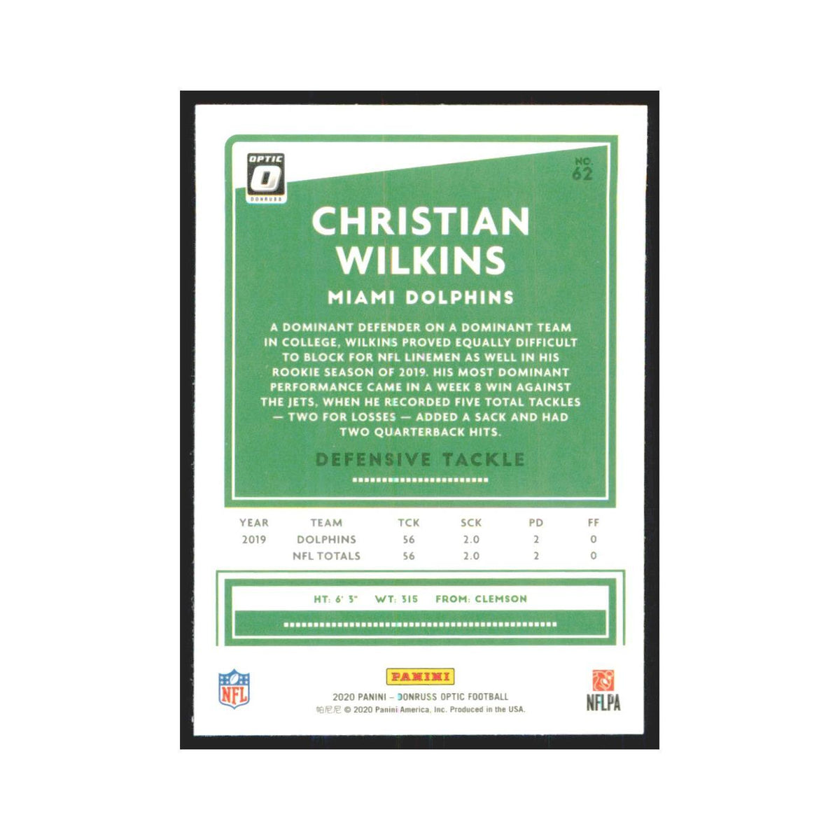 2020 Donruss Optic Christian Wilkins Dolphins #62