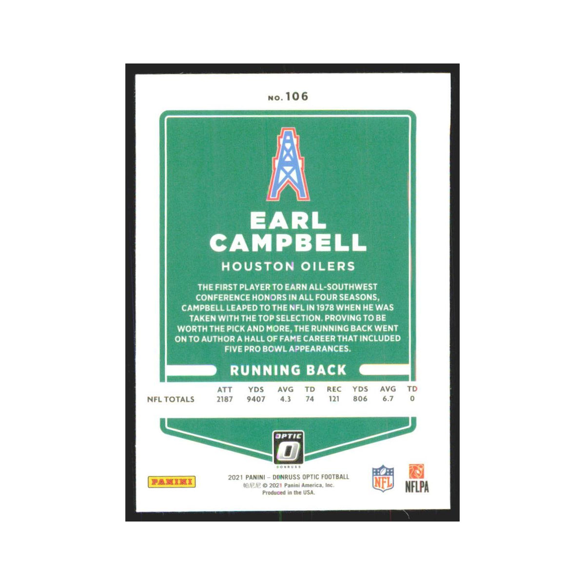 2021 Donruss Optic Earl Campbell Houston Oilers #106