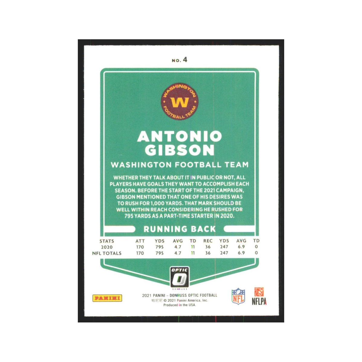 2021 Donruss Optic Antonio Gibson Washington Football Team #4