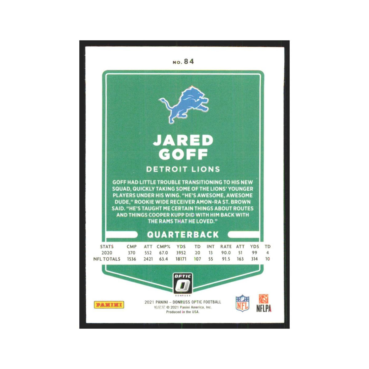 2021 Donruss Optic Jared Goff Lions #84