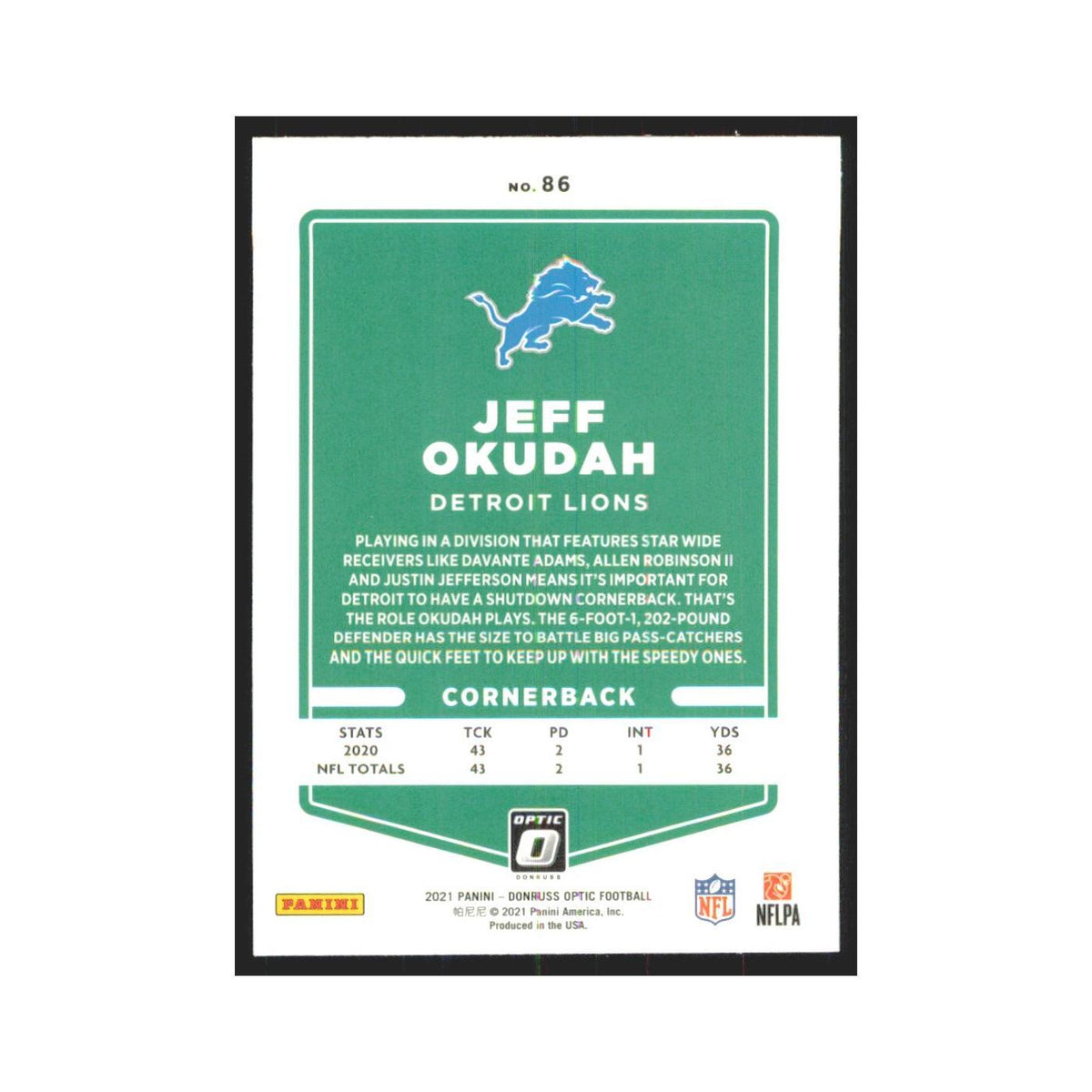 2021 Donruss Optic Jeff Okudah Lions #86