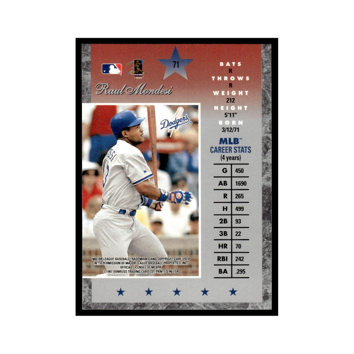 Raul Mondesi 1997 Donruss Elite #71 Los Angeles Dodgers Baseball Card NM