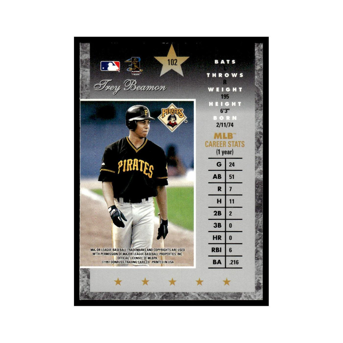 Trey Beamon 1997 Donruss Elite #102 Pittsburgh Pirates Baseball Card NM