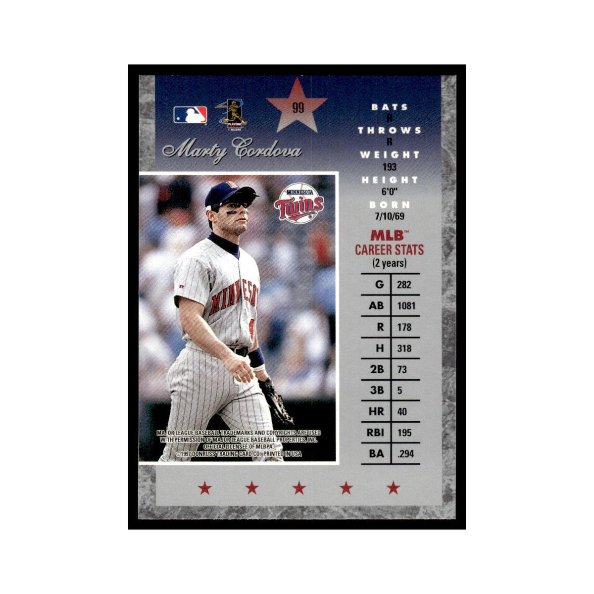 Marty Cordova 1997 Donruss Elite #99 Minnesota Twins Baseball Card NM