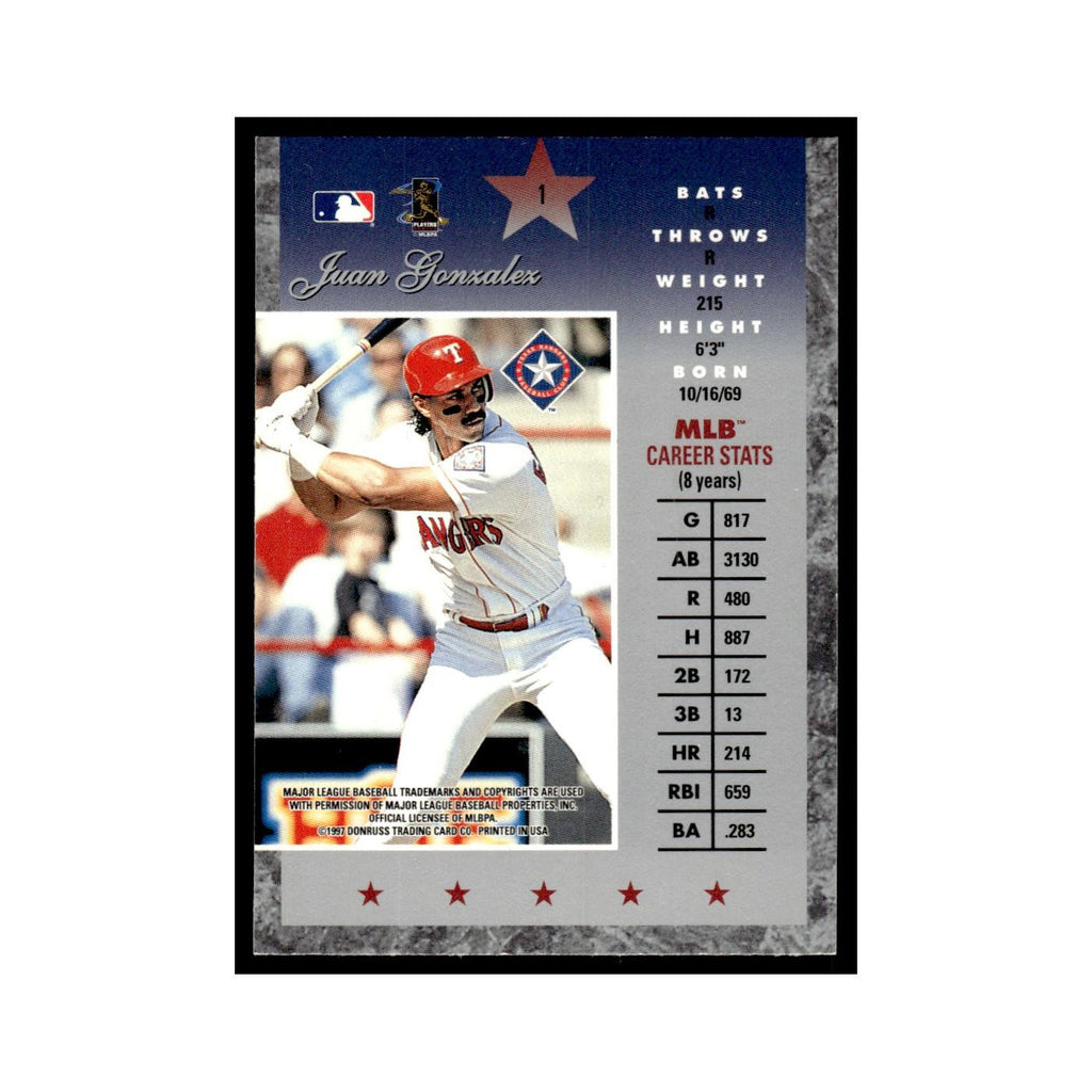 Juan Gonzalez 1997 Donruss Elite #1 Texas Rangers Baseball Card NM