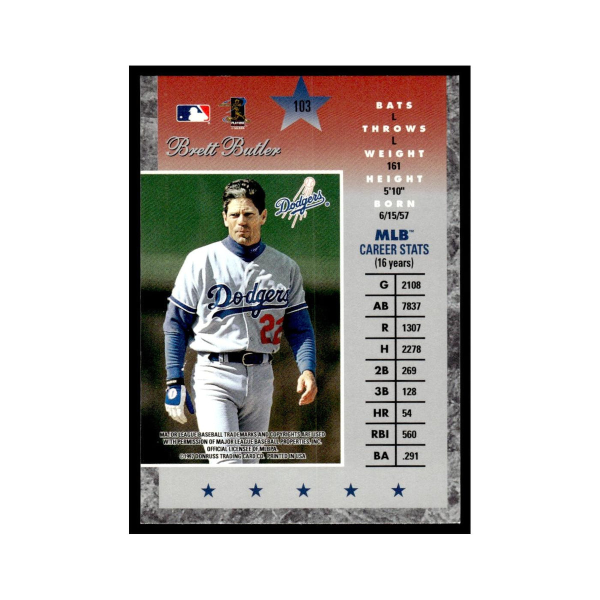 Brett Butler 1997 Donruss Elite #103 Los Angeles Dodgers Baseball Card NM