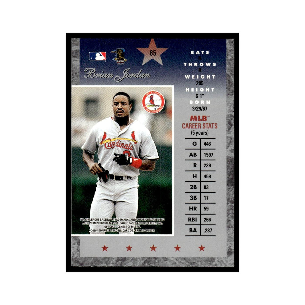 Brian Jordan 1997 Donruss Elite #65 St. Louis Cardinals Baseball Card NM