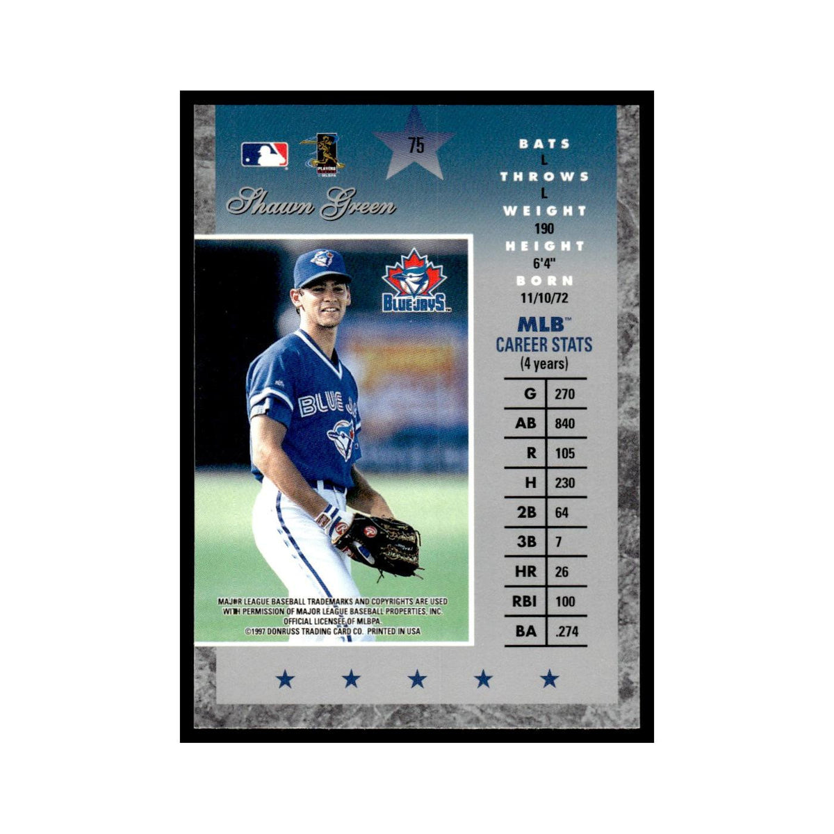Shawn Green 1997 Donruss Elite #75 Toronto Blue Jays Baseball Card NM