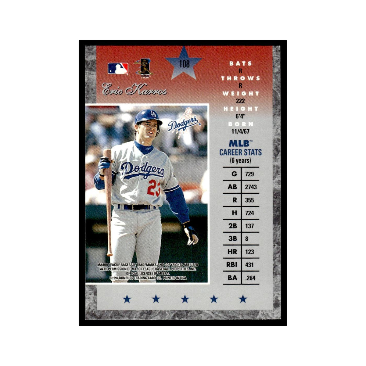 Eric Karros 1997 Donruss Elite #108 Los Angeles Dodgers Baseball Card NM