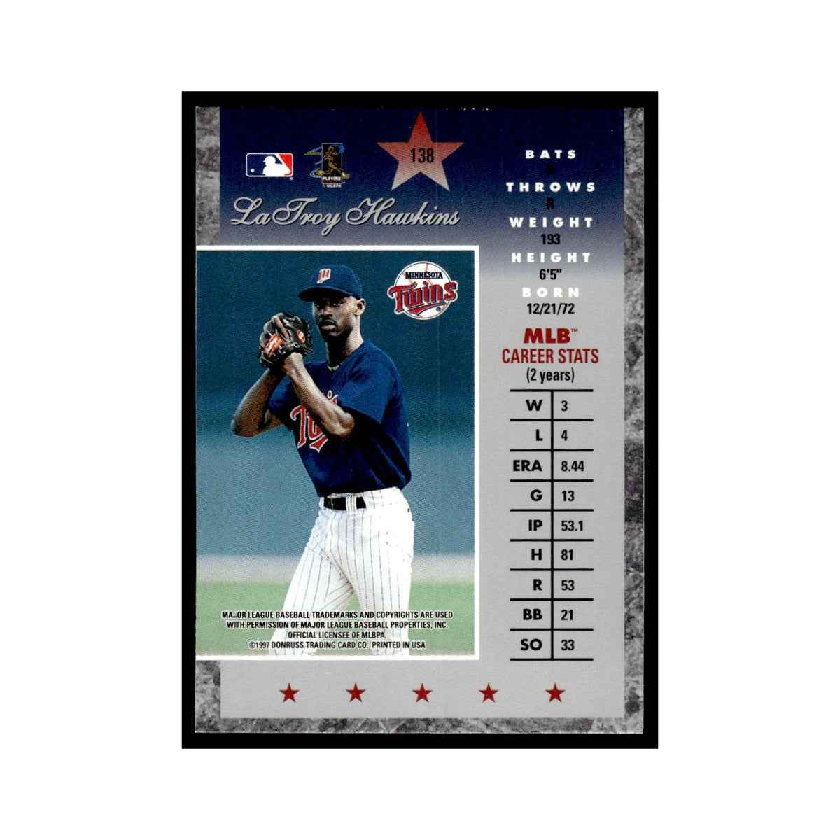LaTroy Hawkins 1997 Donruss Elite #138 Minnesota Twins Baseball Card NM