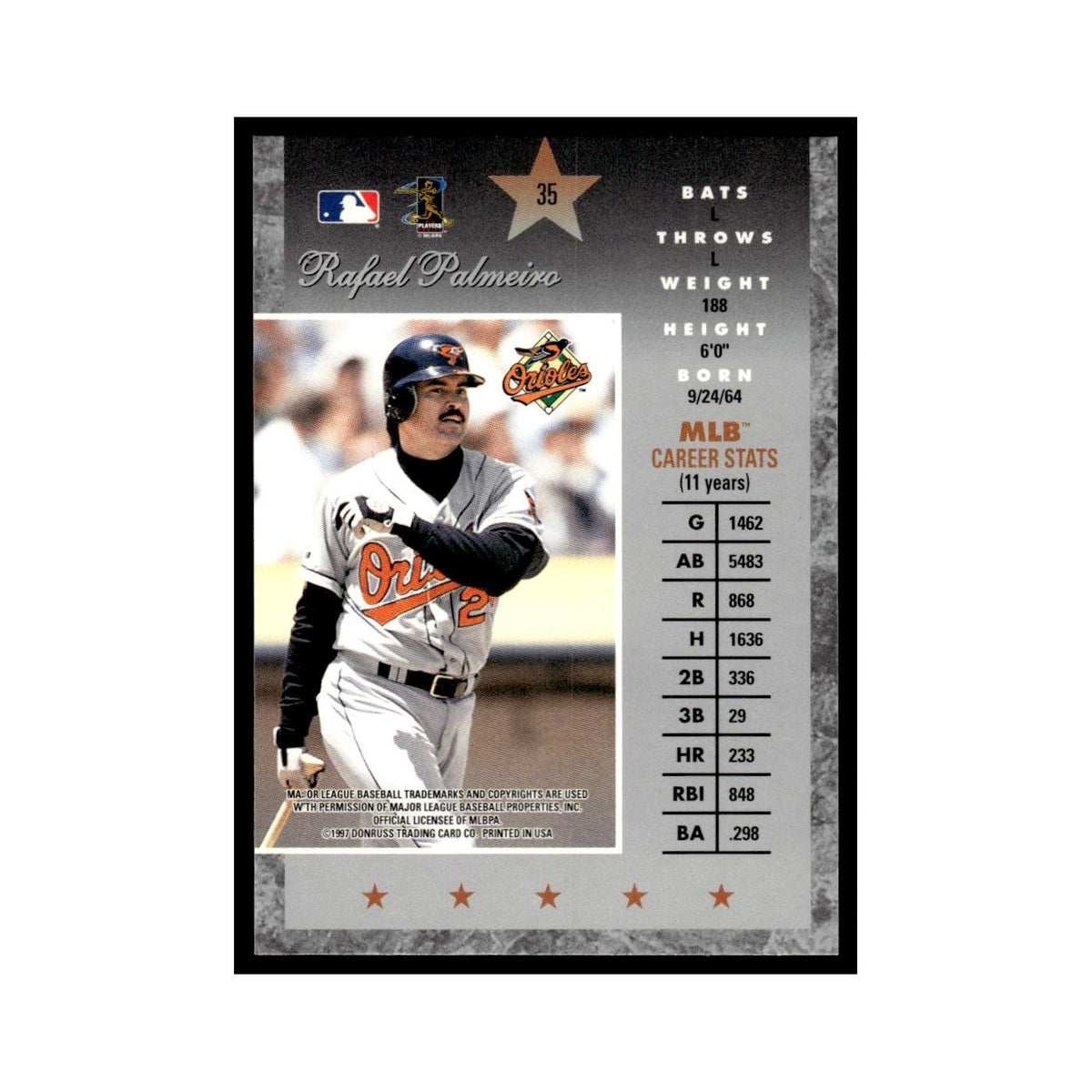 Rafael Palmeiro 1997 Donruss Elite #35 Baltimore Orioles Baseball Card NM