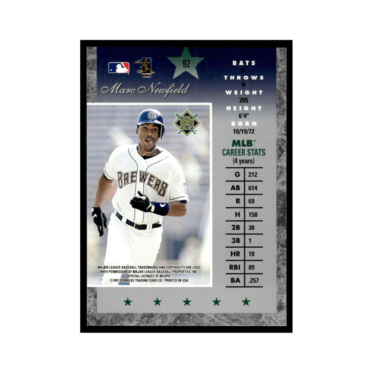 Marc Newfield 1997 Donruss Elite #92 Milwaukee Brewers Baseball Card NM