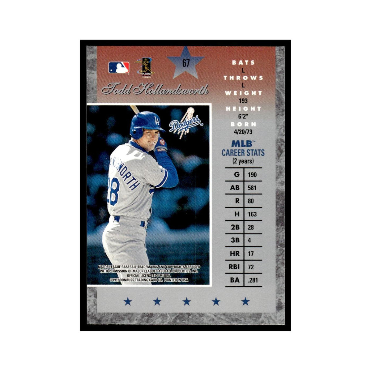 Todd Hollandsworth 1997 Donruss Elite #67 Los Angeles Dodgers Baseball Card NM