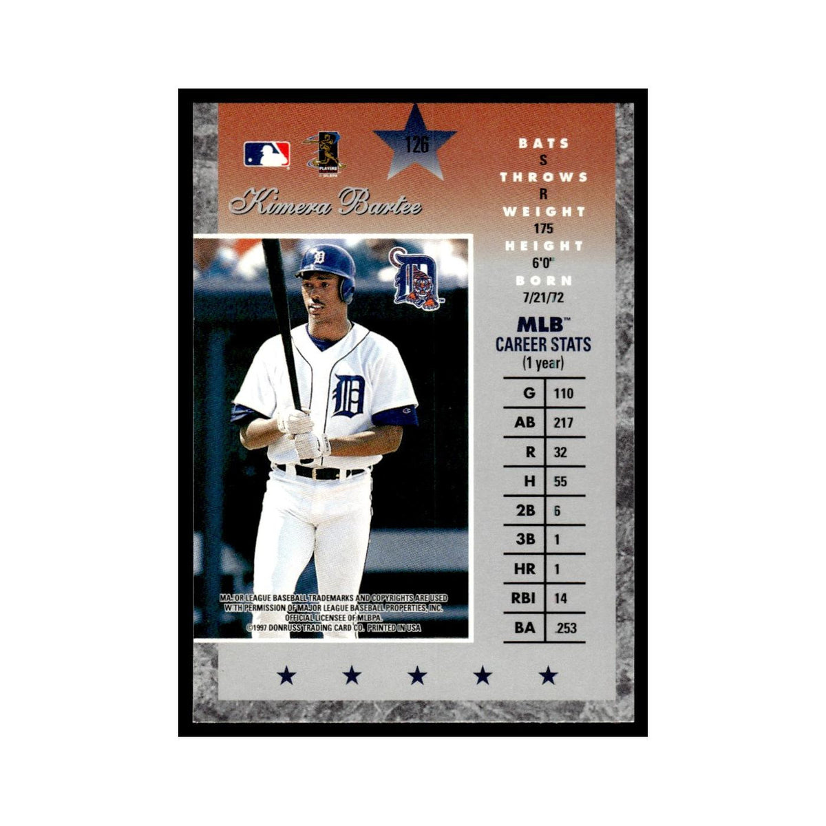 Kimera Bartee 1997 Donruss Elite #126 Detroit Tigers Baseball Card NM