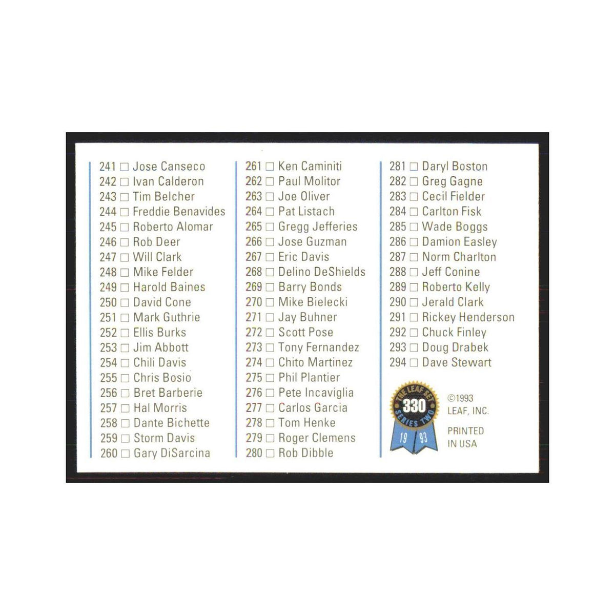 1993 Leaf Checklist 221-294 #330