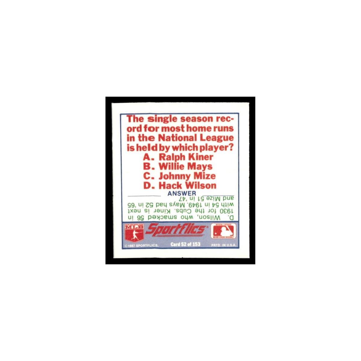 Texas Rangers 1988 Sportflics Mini Team Logo Trivia #52 Baseball Card NM