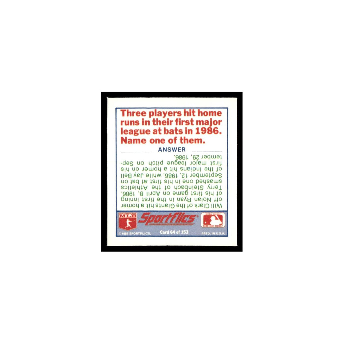 Cleveland Indians 1988 Sportflics Mini Team Logo Trivia #64 Baseball Card NM