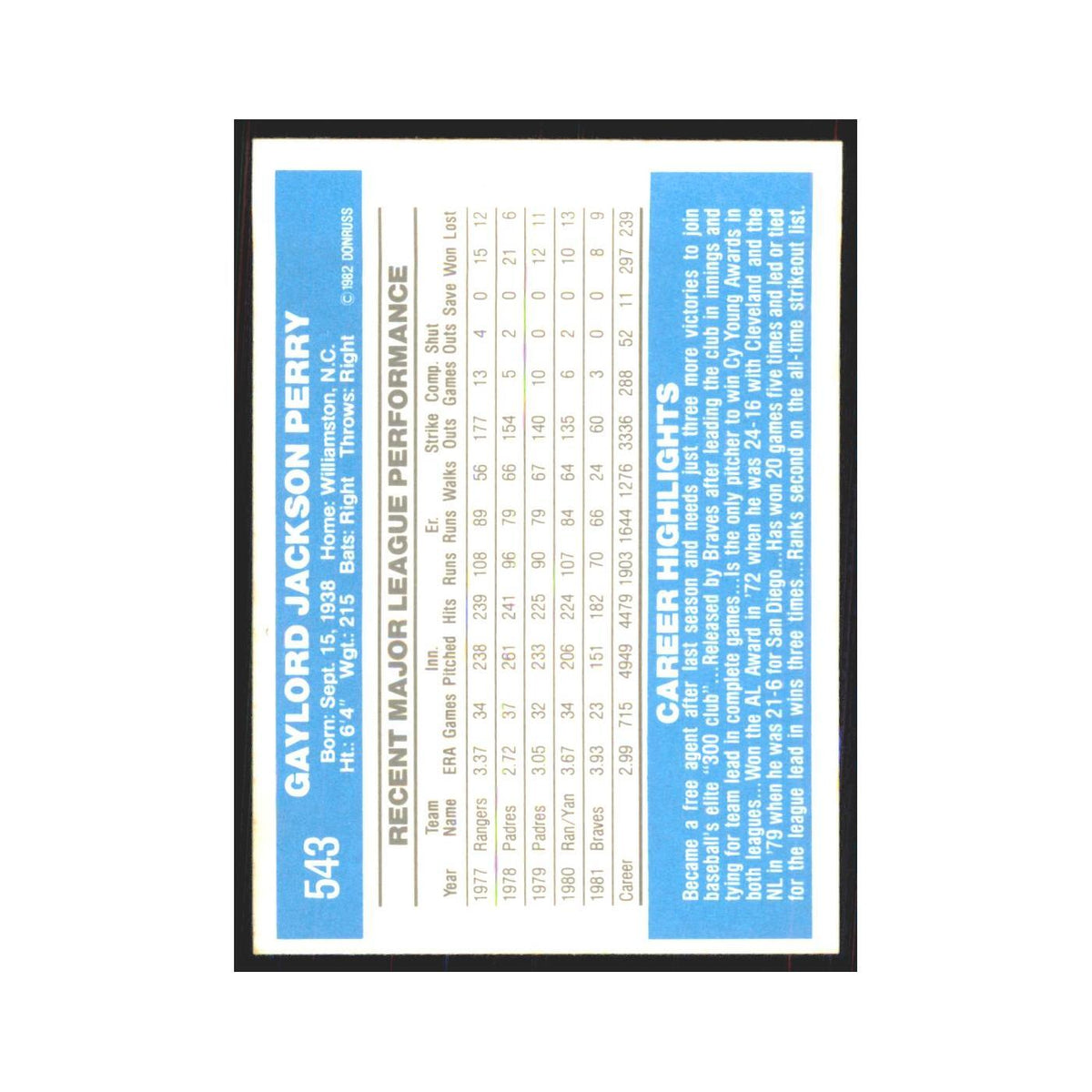 1982 Donruss Gaylord Perry Braves #543