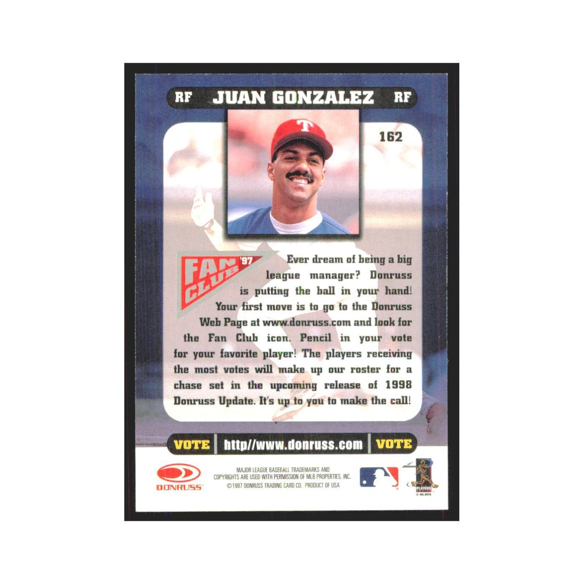 1998 Donruss Juan Gonzalez Rangers #162