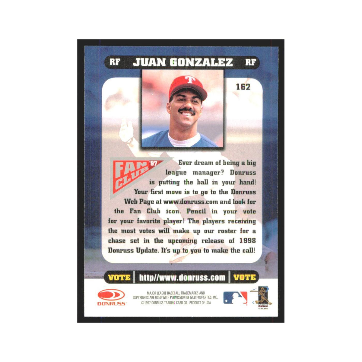 1998 Donruss Juan Gonzalez Rangers #162