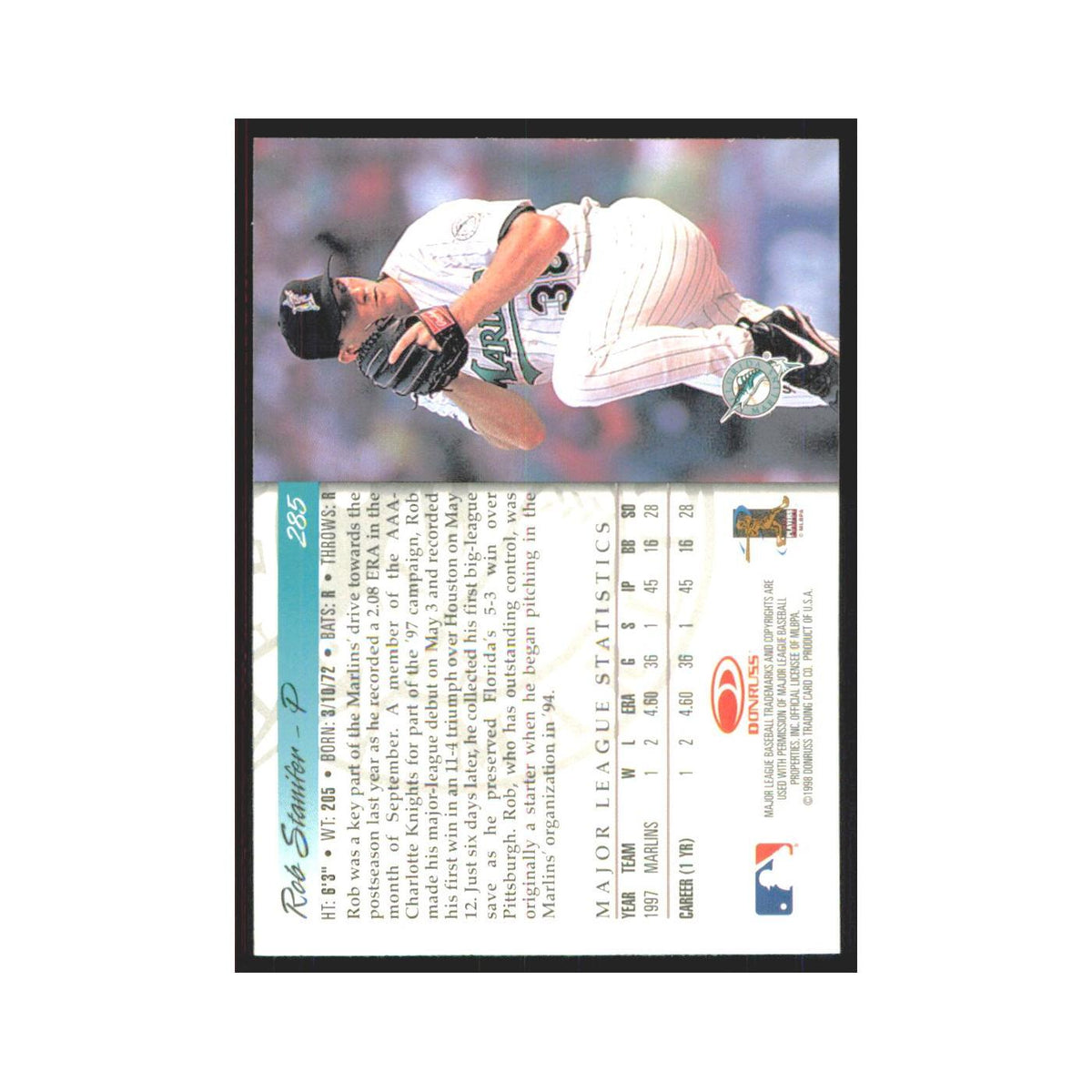 1998 Donruss Rob Stanifer RC Florida Marlins #285