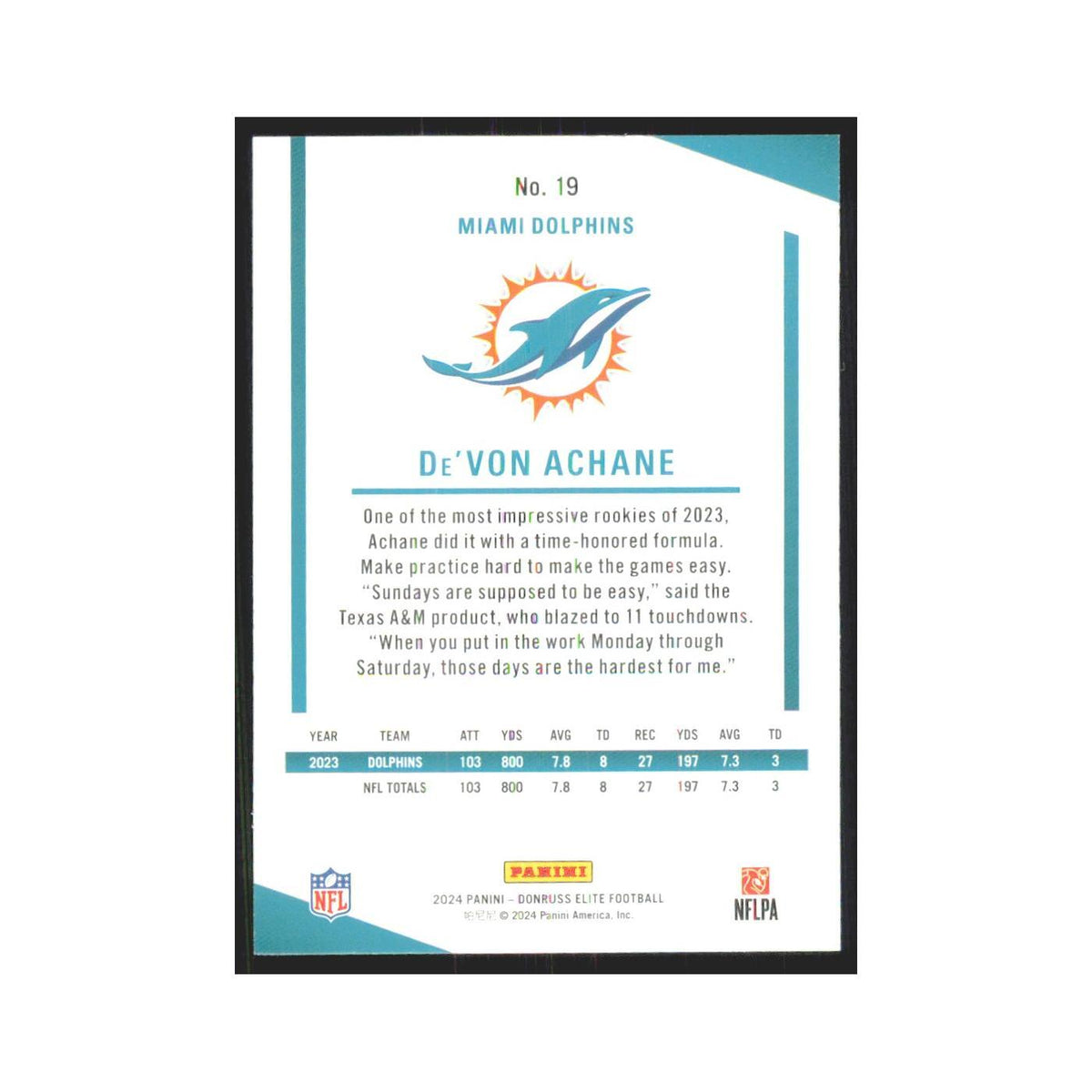 2024 Donruss Elite De'Von Achane Dolphins #19
