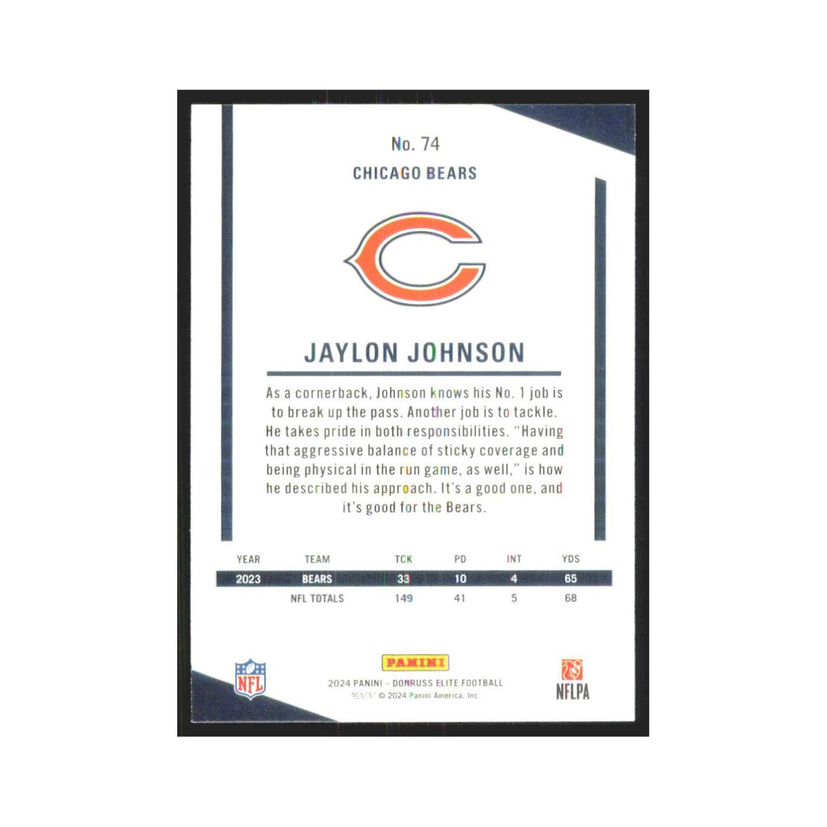 2024 Donruss Elite Jaylon Johnson Bears #74