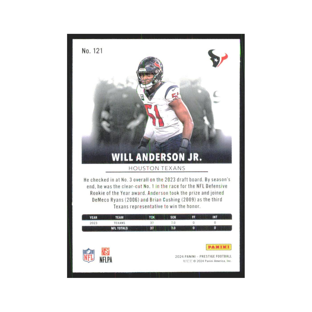 2024 Panini Prestige Will Anderso Jr. Texans #121