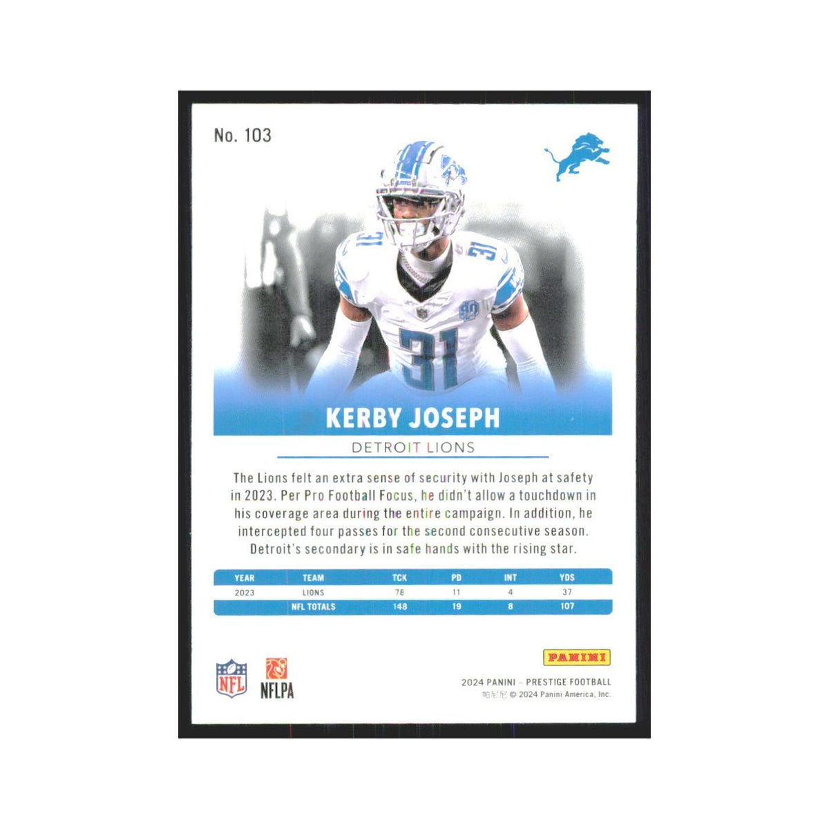 2024 Panini Prestige Kerby Joseph Detroil Lions #103