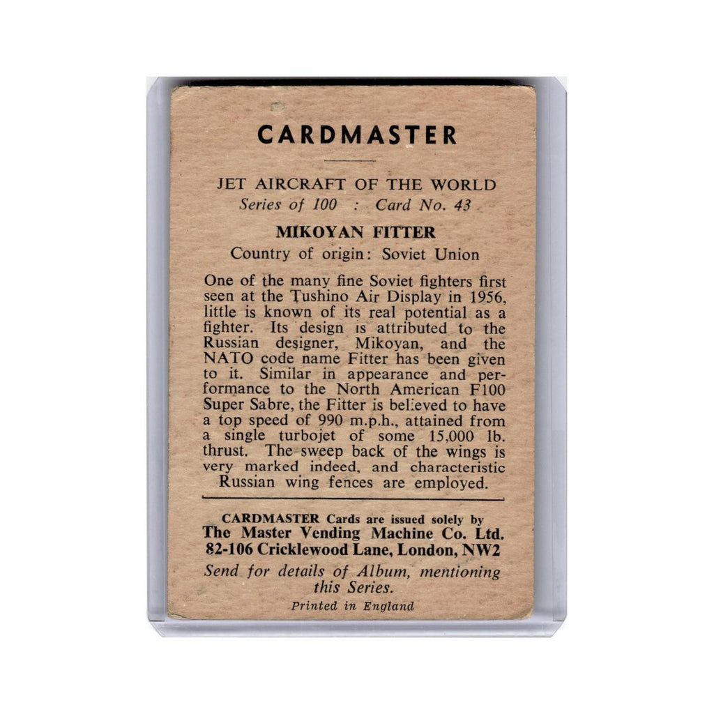Mikoyan Fitter 1958 Cardmaster Jet Aircraft World #43 EX