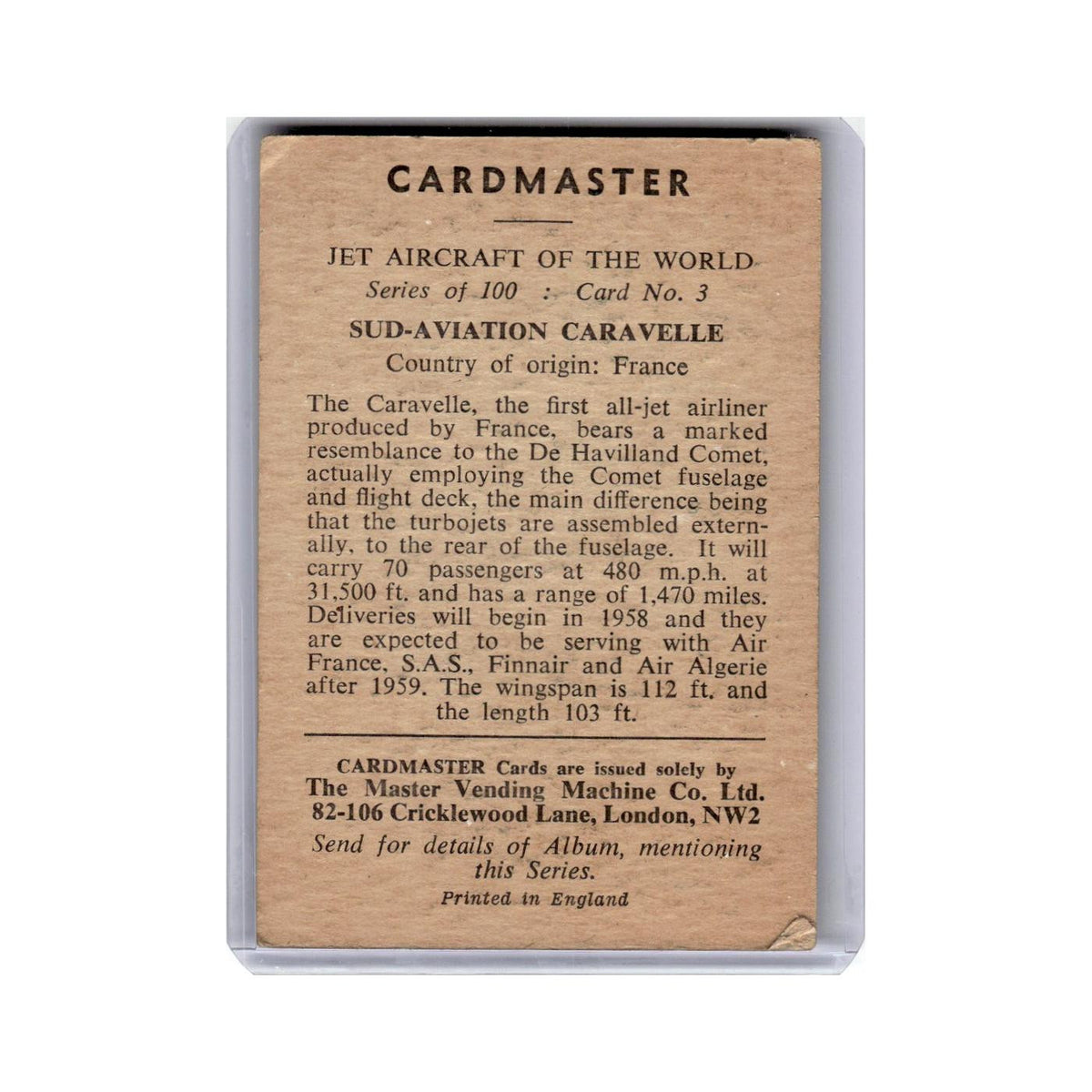 Sud-Aviaton Caravelle 1958 Cardmaster Jet Aircraft World #3 EX